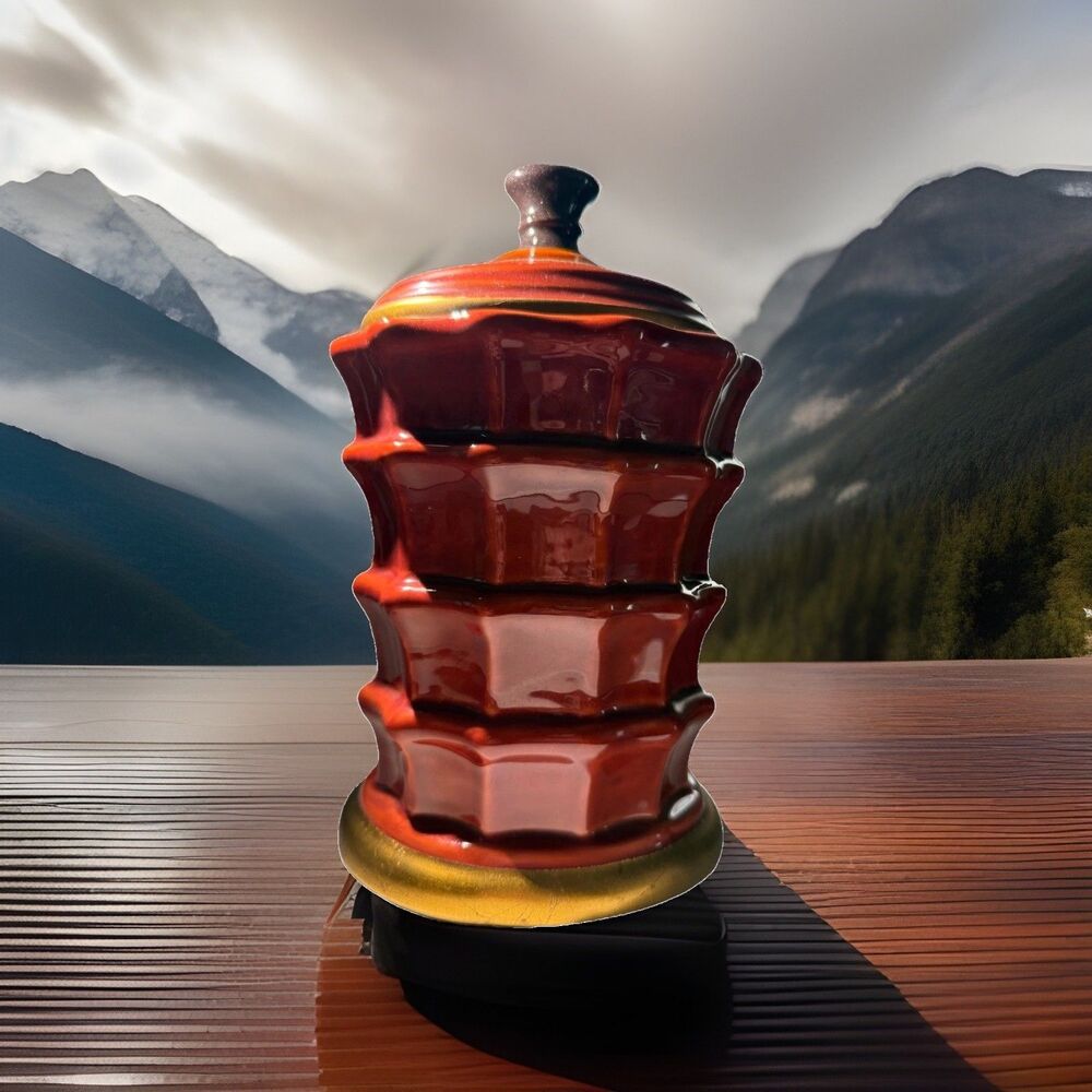 Uttermost Ceramic Canister Cookie Jar with Lid ~ Slim Red & Gold Waffle Pattern